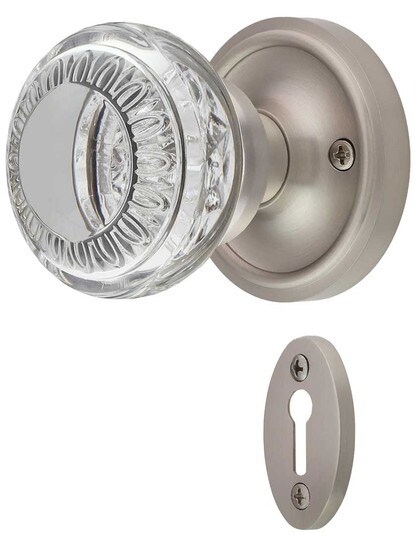 Classic Rosette Mortise-Lock Set with Ovolo Crystal-Glass Knobs and Keyhole in Satin Nickel.